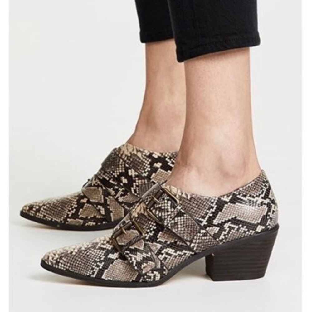 Anthropologie Snakeskin Double-Buckle Pointed Ankle Booties in Black and Tan